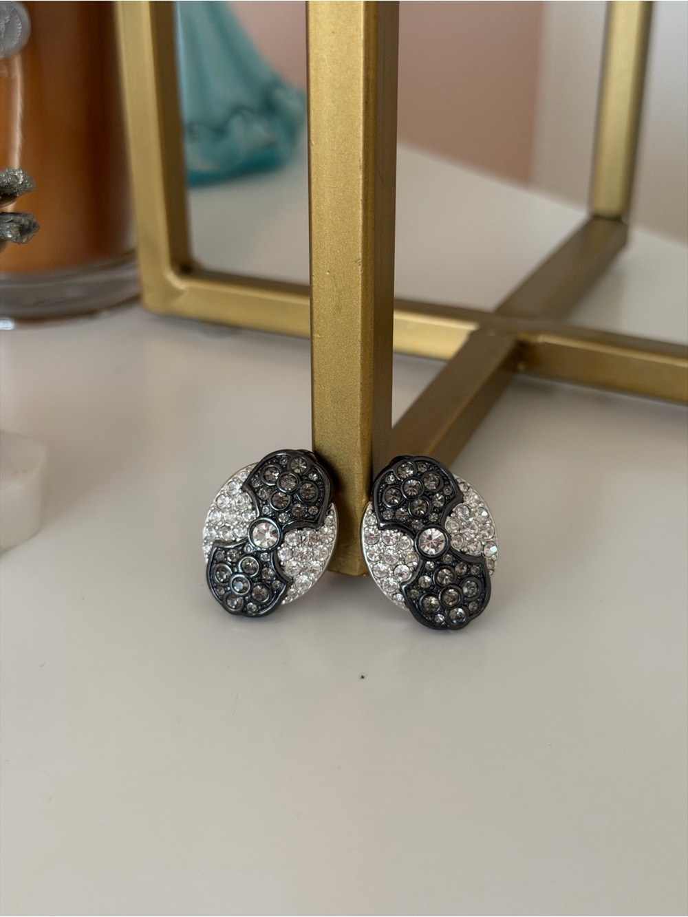 Vintage Swarovski Gold-Tone Ribbed Pavé Crystal Half-Hoop Clip-On Earrings